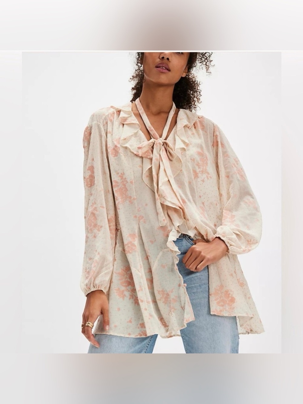Free People Ivory Pink Floral Ruffle Tie Neck Tunic Blouse XS OB2113177